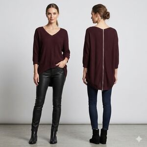 Express Burgundy V-Neck High-Low Zipper-Back Sweater - Size Large